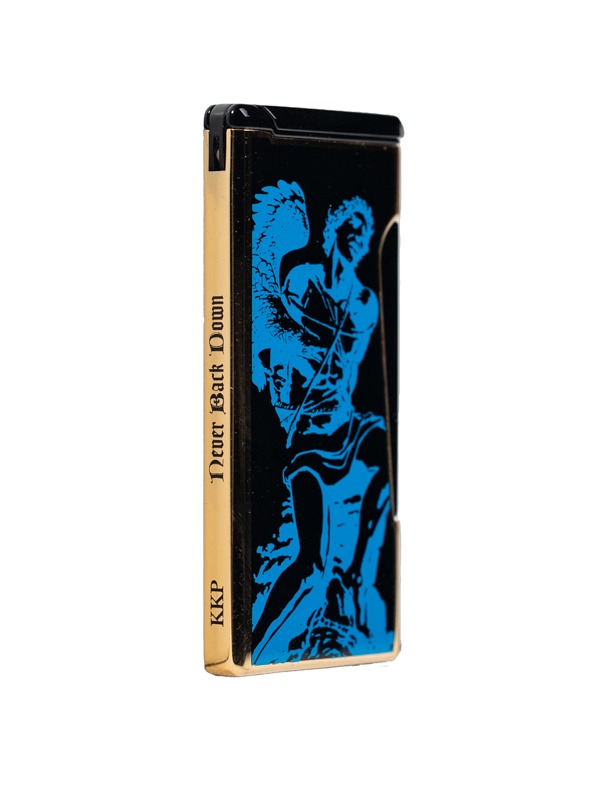 God of Fire “Never Back Down” (Retro) Blue on Black Lighter