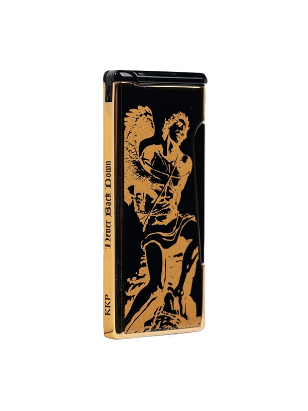 God of Fire “Never Back Down” (Retro) Gold on Black Lighter