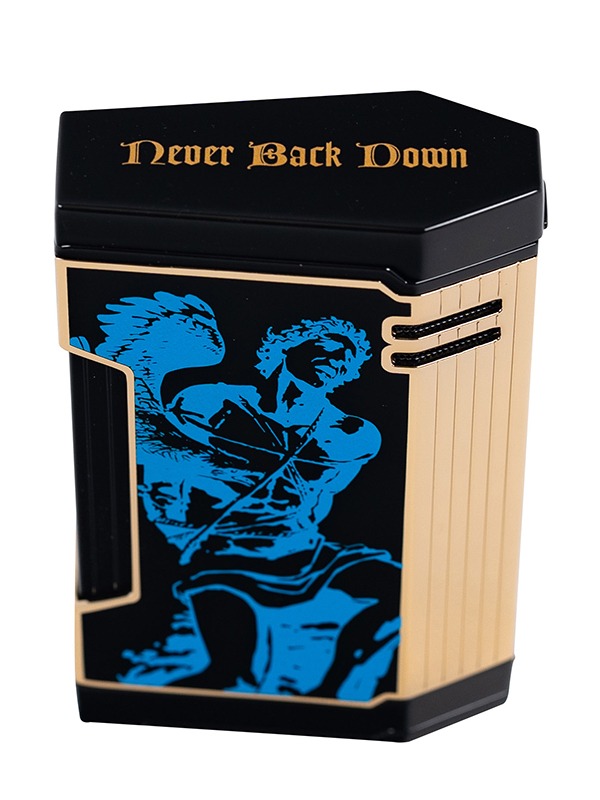 God of Fire “Never Back Down” in Blue on Black Lighter