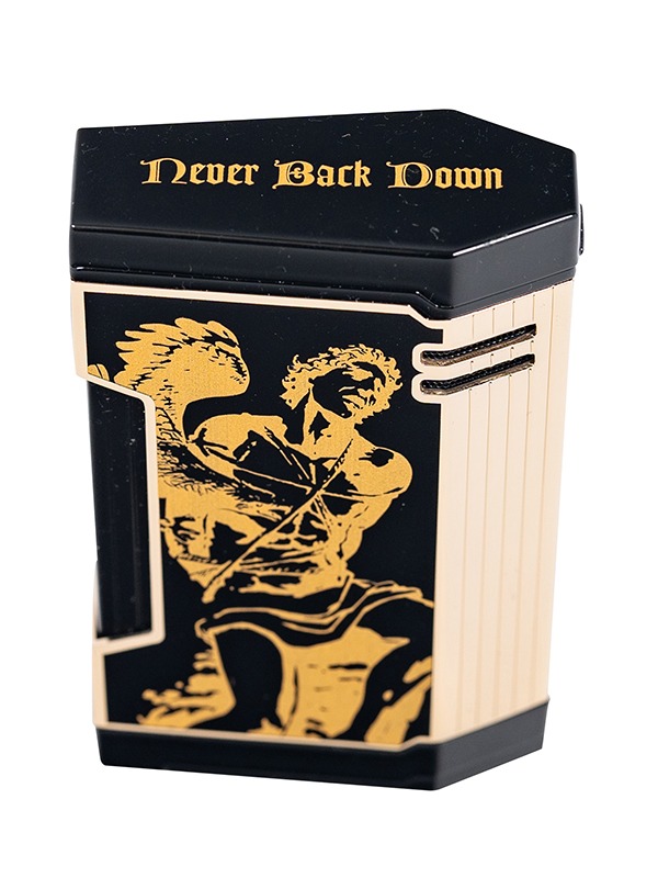 God of Fire “Never Back Down” in Gold on Black Lighter