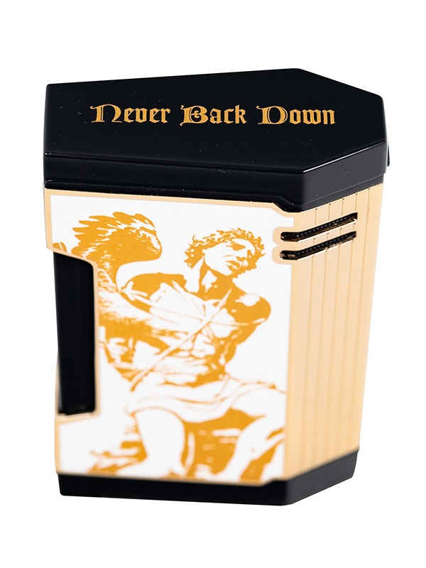 God of Fire “Never Back Down” in Gold on White Lighter